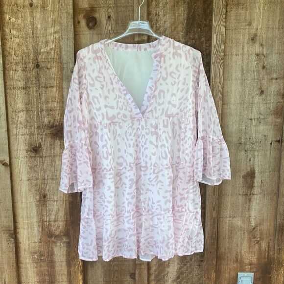 Dokotoo VNeck Tunic Casual Loose Babydoll Mini Swing Dress in Pink Leopard Print - Picture 2 of 11